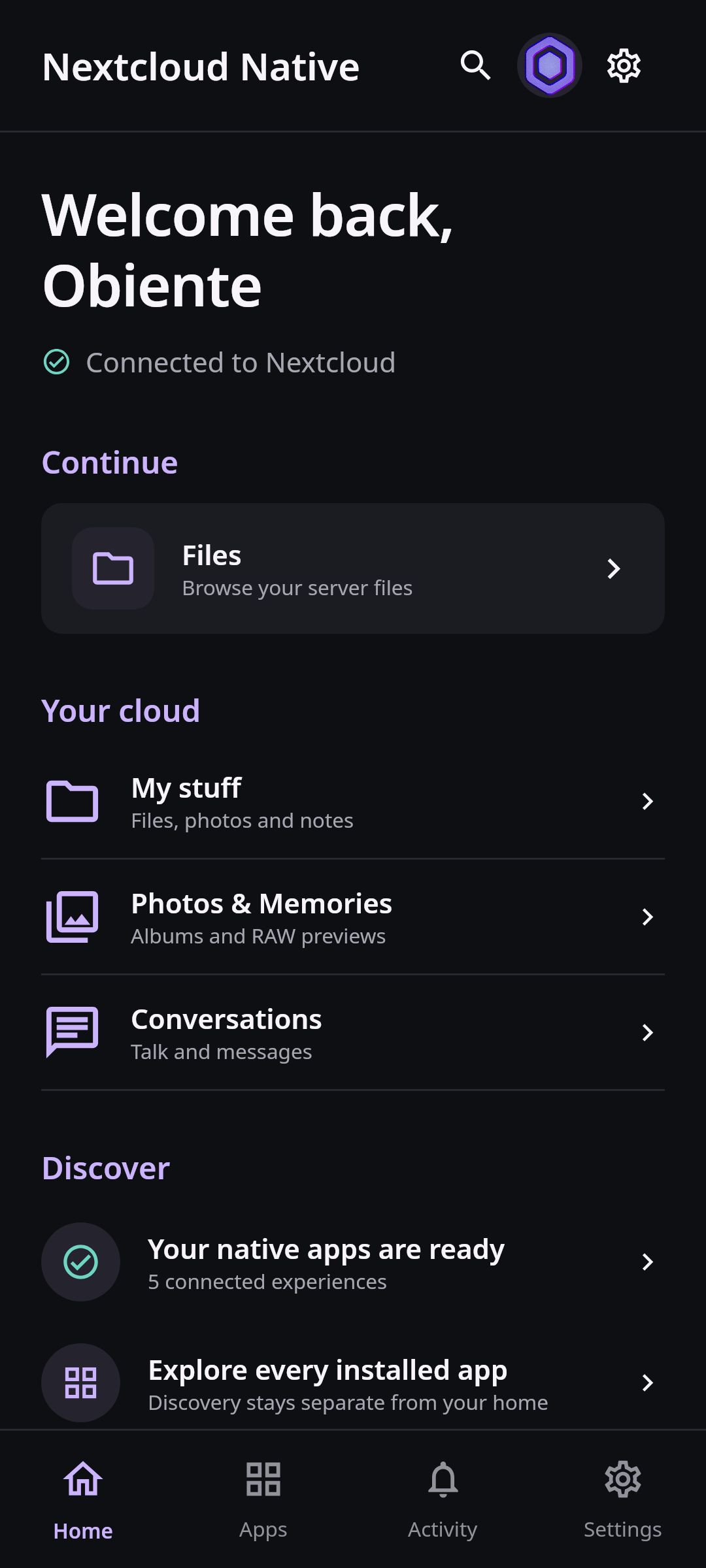 Nextcloud Native mobile home rendered offscreen by the real Compose UI with synthetic demo data