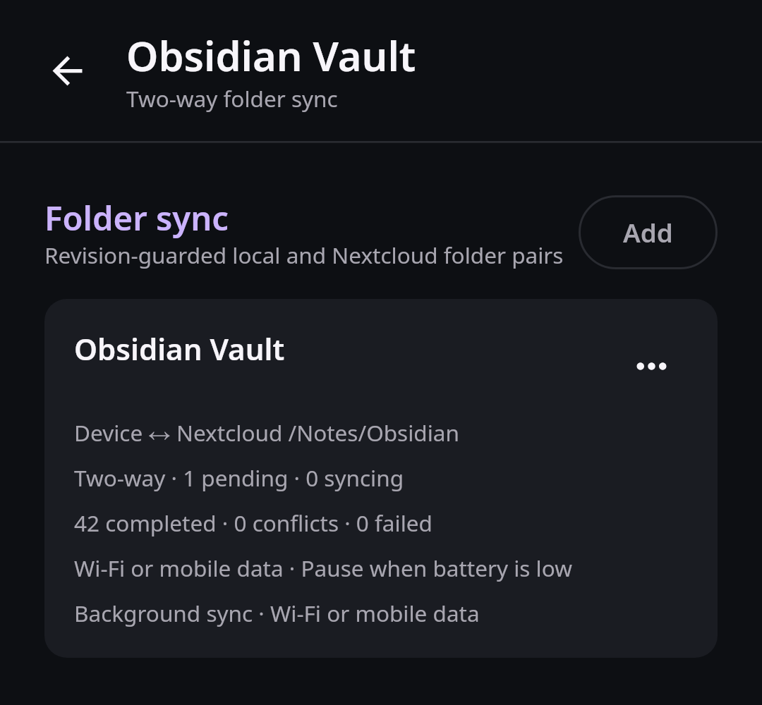 Nextcloud Native Obsidian vault two-way sync pair with pending and completed transfer counts
